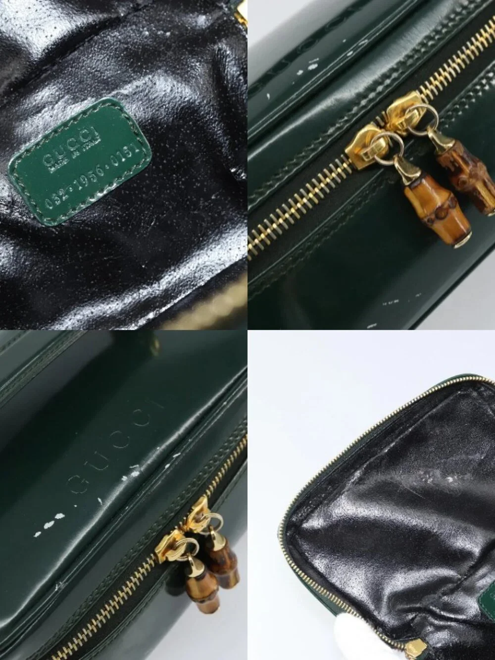 GUCCI Bamboo Vanity Pouch Patent leather Green Gold 032 1956 0151 Auth 171655